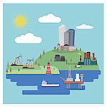 Industrial landscape flat vector. Oil and Recycling