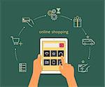 Vector illustration of online shopping with realistic computer and contour icons