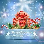Christmas Background with Candy, Fir Branches, Mistletoe and Gift in Pocket on Bright background, vector illustration.