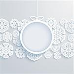 Christmas paper card with hanging toy and snowflakes. Vector illustration.