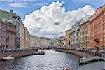 St.Petersburg , Russia - august 17 . 2014: River channel with boats in Saint-Petersburg. Summer