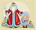 Russian Santa Claus. Grandfather Frost and Snow Maiden. Christmas card. Illustration in vector format