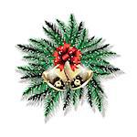 Pair of Christmas bells and fir tree branches isolated on white background. Vector illustration.