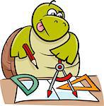 Cartoon Illustration of Funny Turtle Animal Character on Geometry Lesson with Calipers and Setsquare