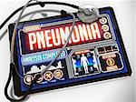 Pneumonia - Diagnosis on the Display of Medical Tablet and a Black Stethoscope on White Background.