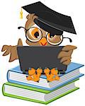 Owl sitting on books and holding a laptop. Illustration in vector format