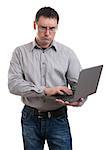 Portrait of an angry business man with laptop, on white background