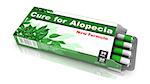 Cure for Alopecia, Pills Blister getting out from Green Box over White Background.