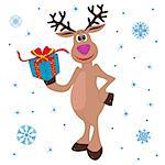 Christmas Reindeer holding a gift, hand drawing cartoon vector illustration