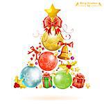 Christmas Tree with Candy, Mistletoe, Gift and Baubles isolated on white background, vector illustration.