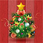 Christmas Tree with Candy, Fir Branches, Mistletoe and Gift on Red Wooden Boards background, vector illustration.