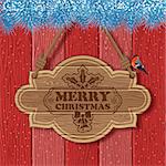 Christmas background with Wooden Sign, Fir Branches and Bullfinch on Red Wooden Boards background. Vector Template for Cover, Flyer, Brochure, Greeting Card.