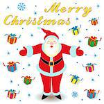 Marry Christmas with happy Santa Claus and many gifts, hand drawing cartoon vector illustration