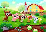 Funny farm animals in the garden. Vector cartoon illustration.