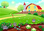 Funny countryside scenery with vegetable garden. Cartoon vector illustration