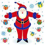 Happy Santa Claus and many gifts, hand drawing cartoon vector illustration