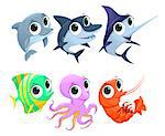 Funny marine animals. Vector cartoon isolated characters.