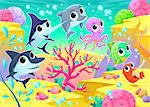 Funny marine animals under the sea. Cartoon vector illustration