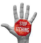 Stop Itching Sign Painted - Open Hand Raised, Isolated on White Background