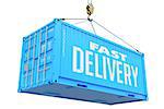 Fast Delivery - Blue Cargo Container hoisted by hook, Isolated on White Background.