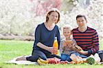 happy smiling family of three having picnic in the beautiful park in spring time with blooming trees in the background