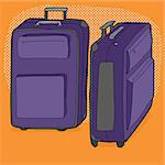 Set of purple suitcases over orange background