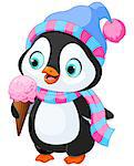 Cute penguin with hat and scarf eats an ice cream