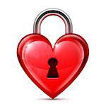 Shiny red heart lock on white background