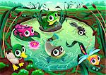 Funny animals in the pond. Cartoon vector illustrations.