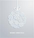 Christmas card with hanging toy made of paper snowflakes. Vector illustration.