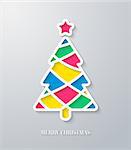 Greeting card with paper cut Christmas tree. Vector Illustration.