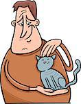 Cartoon Illustration of Man Stroking his Cat or Kitten