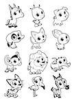 Farm and wild animals in black and white. Vector cartoon isolated characters.