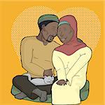 Attractive Muslim man and woman with pet cat