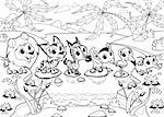 Funny animals in the jungle. Cartoon vector black and white illustration.