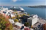 View of cruise ship at dock from top of Cap Diamant, St Lawrence River, Quebec City, Quebec, Canada