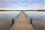 Wooden Jetty at Sunset, Lake Woerthsee, Fuenfseenland, Upper Bavaria, Bavaria, Germany