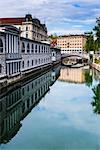 Ljubljana triple bridge (Tromostovje) and Ljubljanica River, Ljubljana, Slovenia, Europe