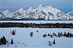 Teton Range at dawn in the winter, Grand Teton National Park, Wyoming, United States of America, North America