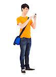 young student touching a smart phone with white background