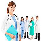 Professional medical doctor with her  team standing over white background