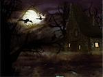 A spooky witch house at night in the night forest.