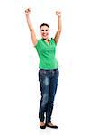 Beautiful and happy woman with arms up, isolated over a white background