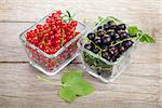 Fresh ripe currant berries on wooden table background