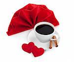 Cup of hot drink and table decorations for valentine's day
