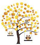 vector fall tree with leaves and owls swinging