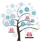 vector winter tree with snowflakes and pink owls swinging