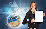 Beautiful businesswoman in suit holding paper holder. Earth, triangles and graphs in background. Elements of this image furnished by NASA