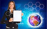 Beautiful businesswoman in suit holding paper holder. World map, Earth and hexagons in background. Elements of this image furnished by NASA