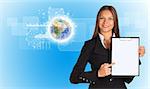 Beautiful businesswoman in suit holding paper holder. Earth, network and graphs in background. Elements of this image furnished by NASA